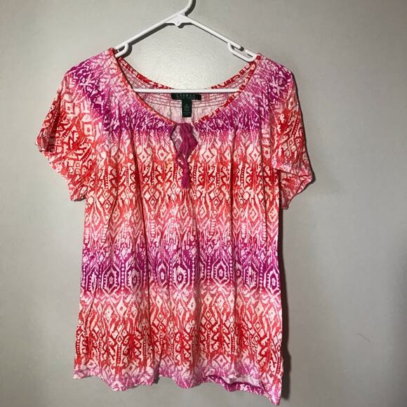 Lauren Ralph Lauren XL cotton short sleeve bright tassel tie scoop neck top - Picture 1 of 8